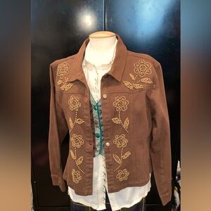 Vintage brown denim jacket with sewn-on wood detailing / embellishments